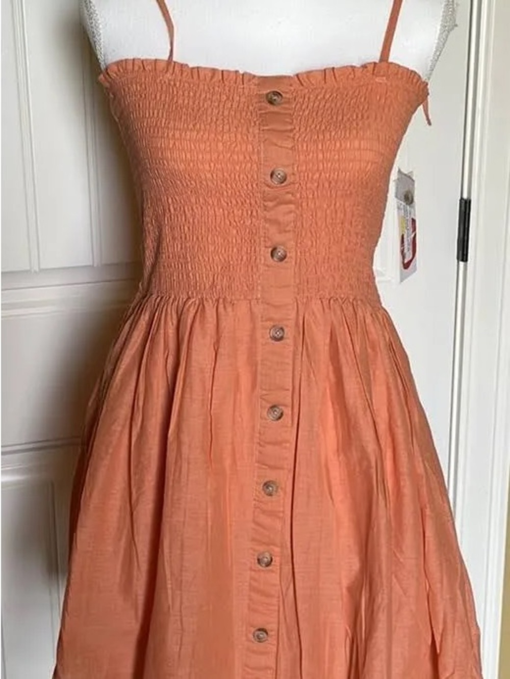Smocked Strap Paneled Button-Front Sundress — Rust Orange